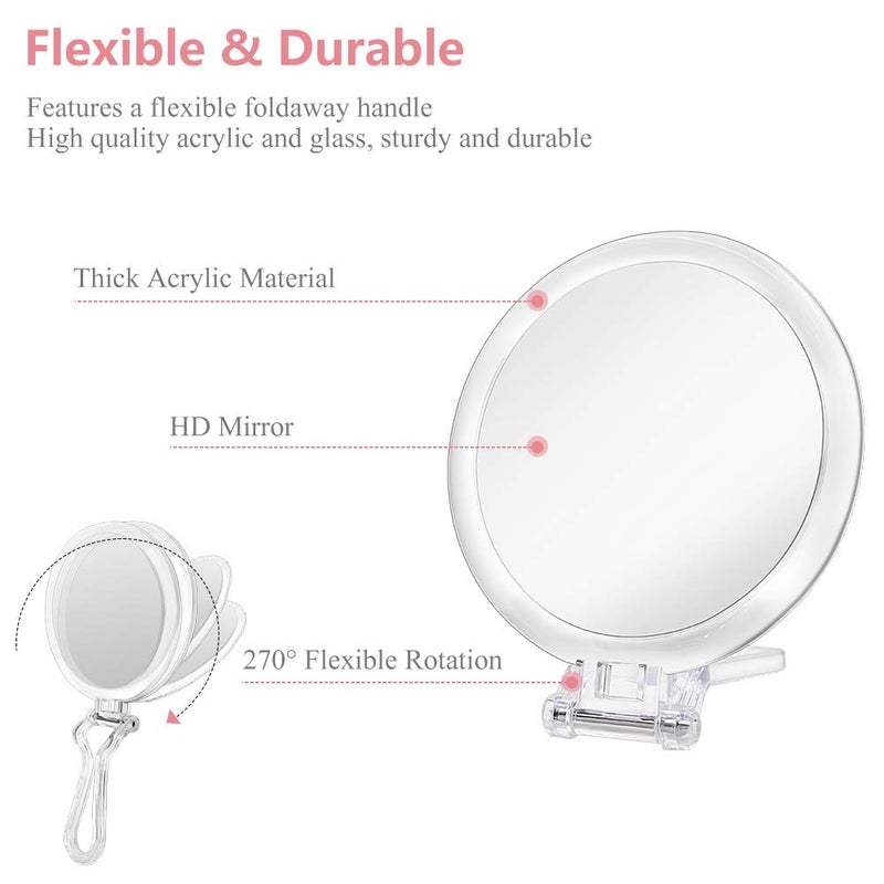 Cheftick Double Sided Hand Held Mirror - 1X & 7X Magnifying Handheld Makeup Mirror with Adjustable Folding Handle, Portable, Transparent & Round (6") - Image 4